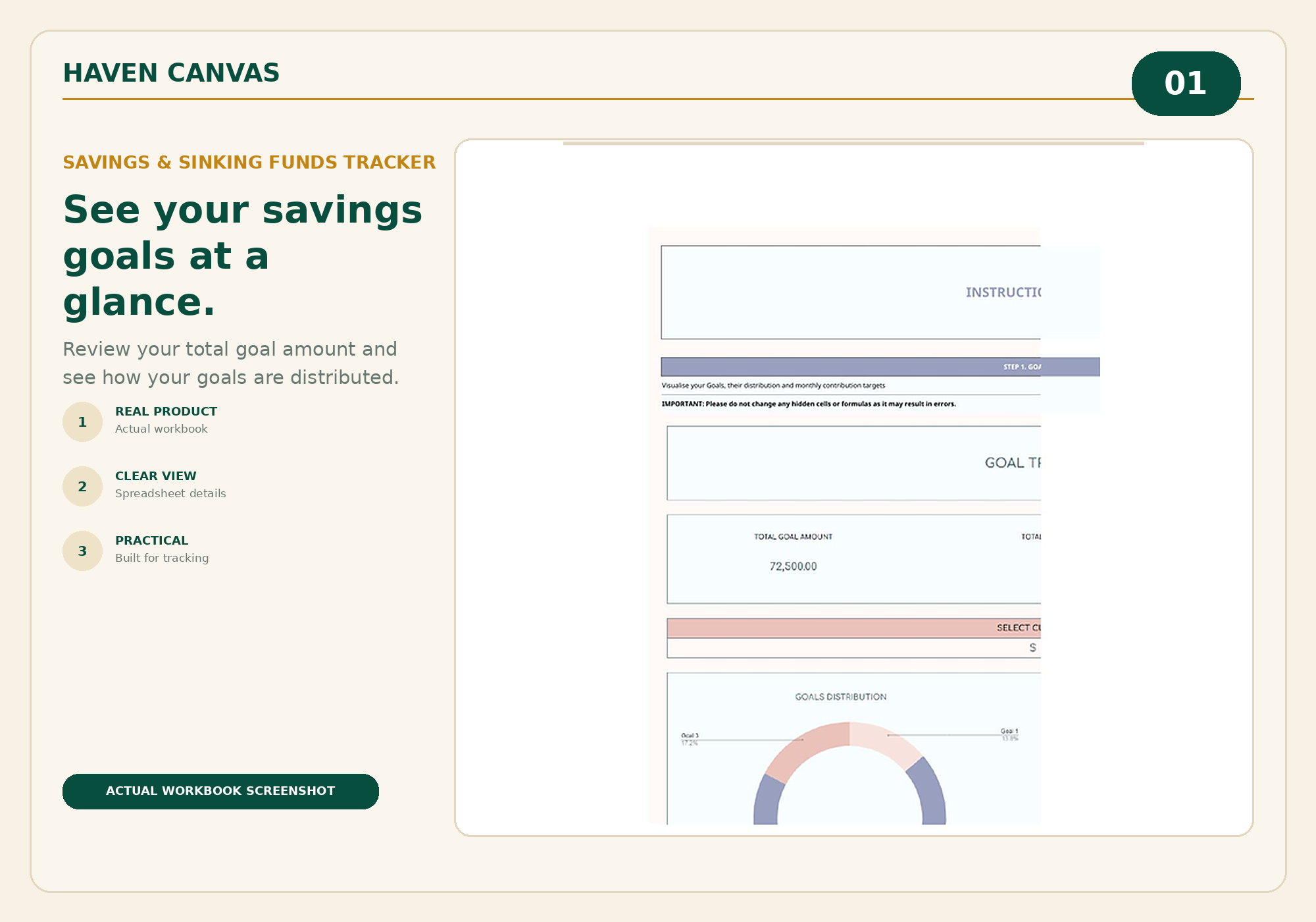 Haven Canvas Savings and Sinking Funds Tracker showing savings goals overview