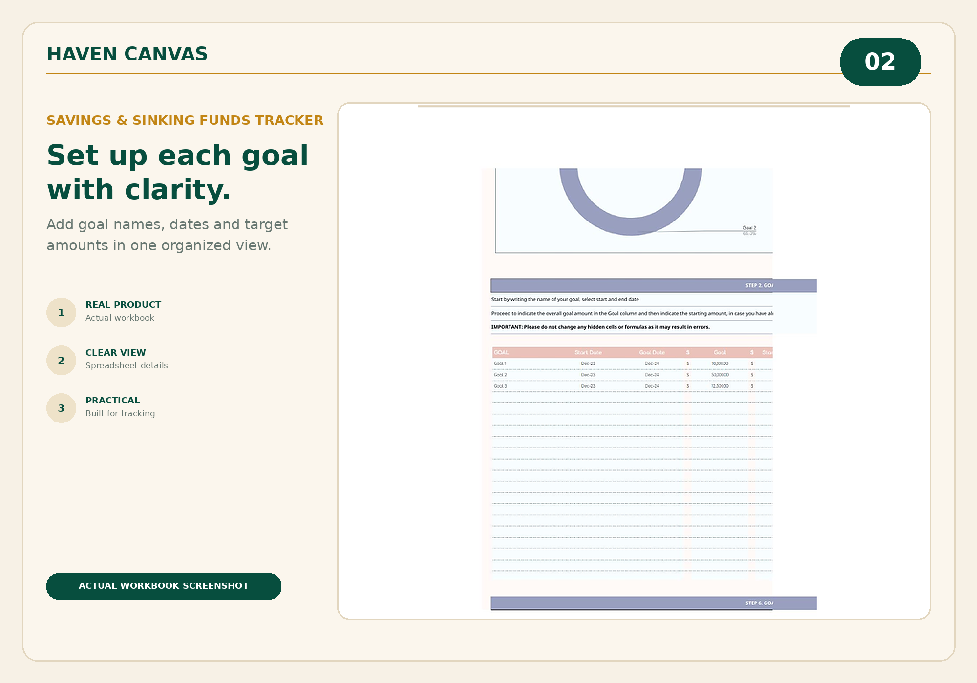 Haven Canvas Savings and Sinking Funds Tracker showing goal setup