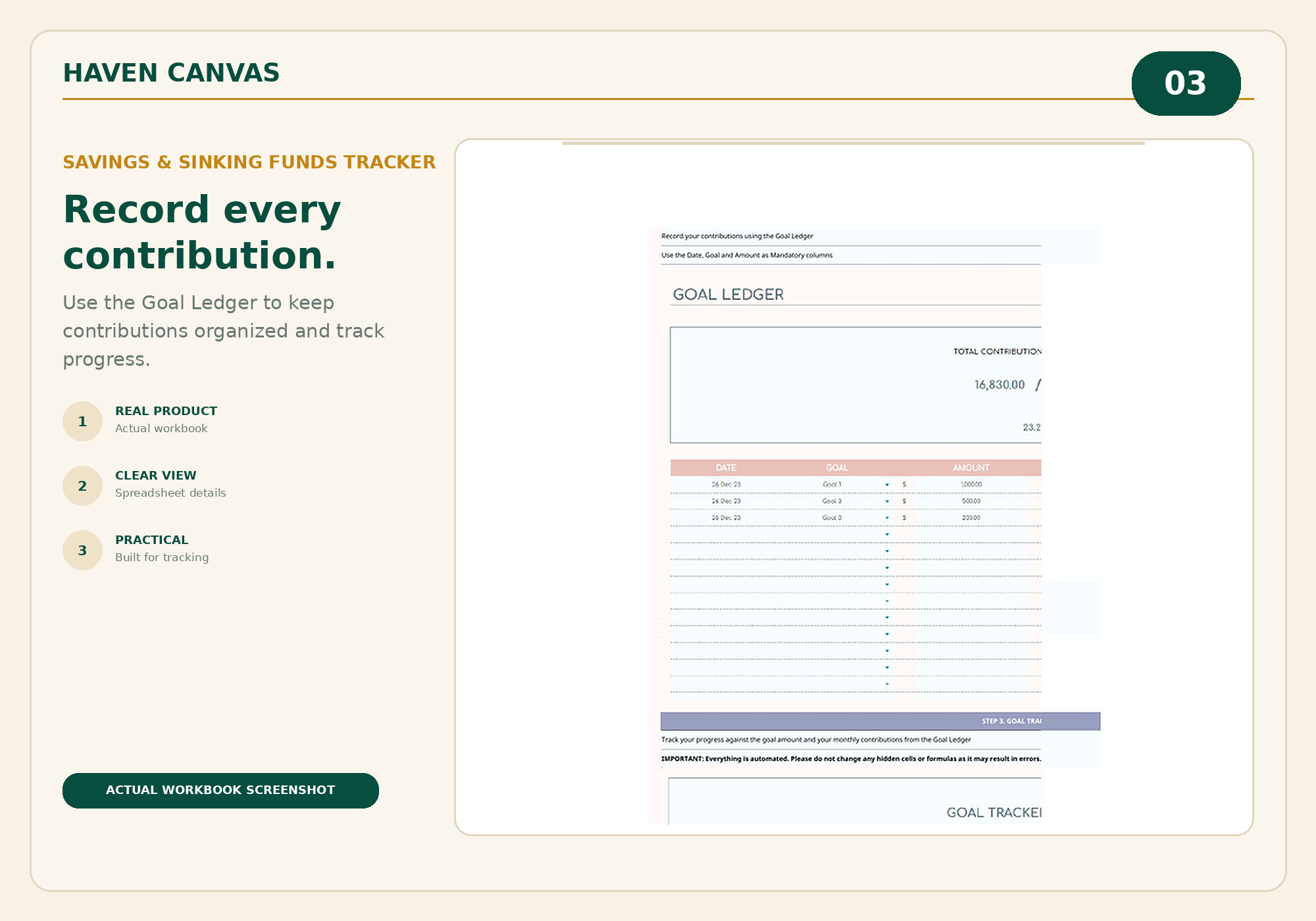 Haven Canvas Savings and Sinking Funds Tracker showing contribution ledger